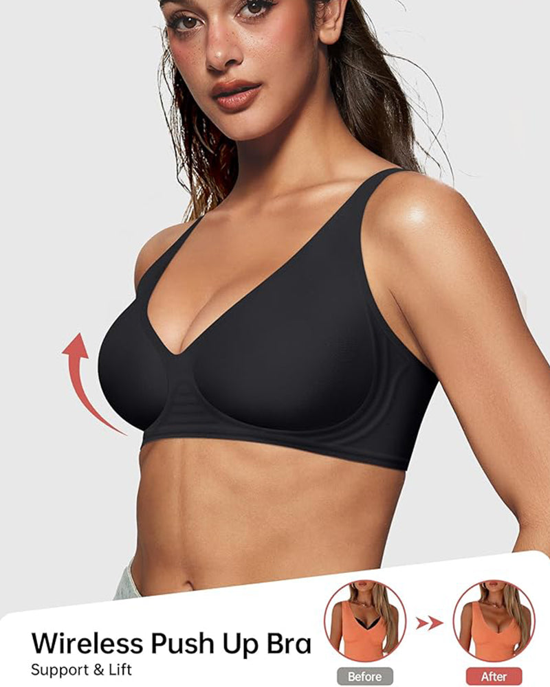 Seamless Deep V Wireless Push-Up Bra with Breathable Fabric