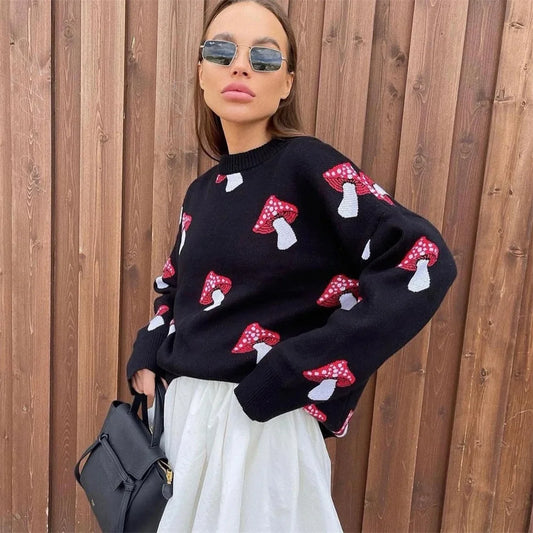 Women Mushroom Print Knit Sweater | Clementina