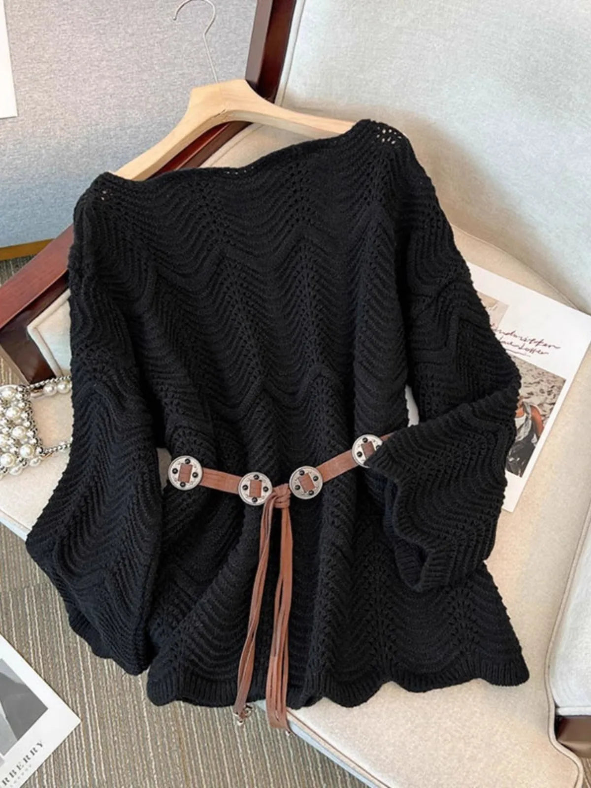 Women Wave Knit Poncho Sweater | Yna
