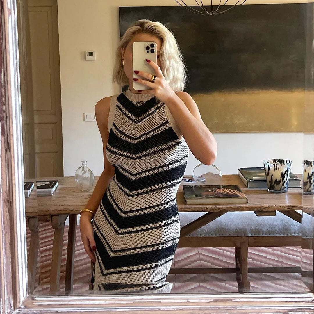 Women Chevron Stripe Maxi Tank Knit Dress | Linna