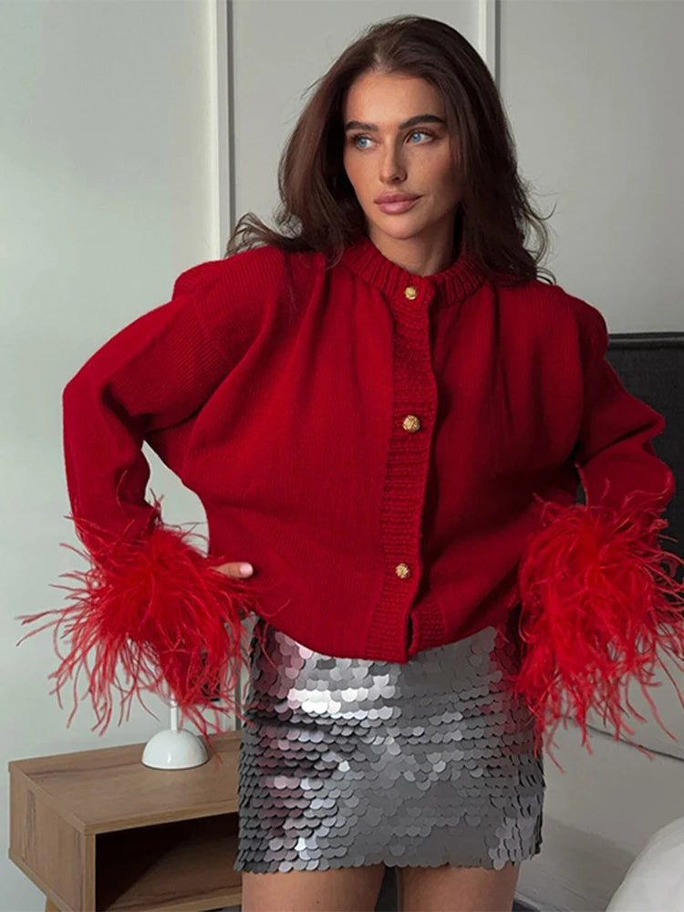 Women Feather Cuff Knit Cardigan | Geraldina