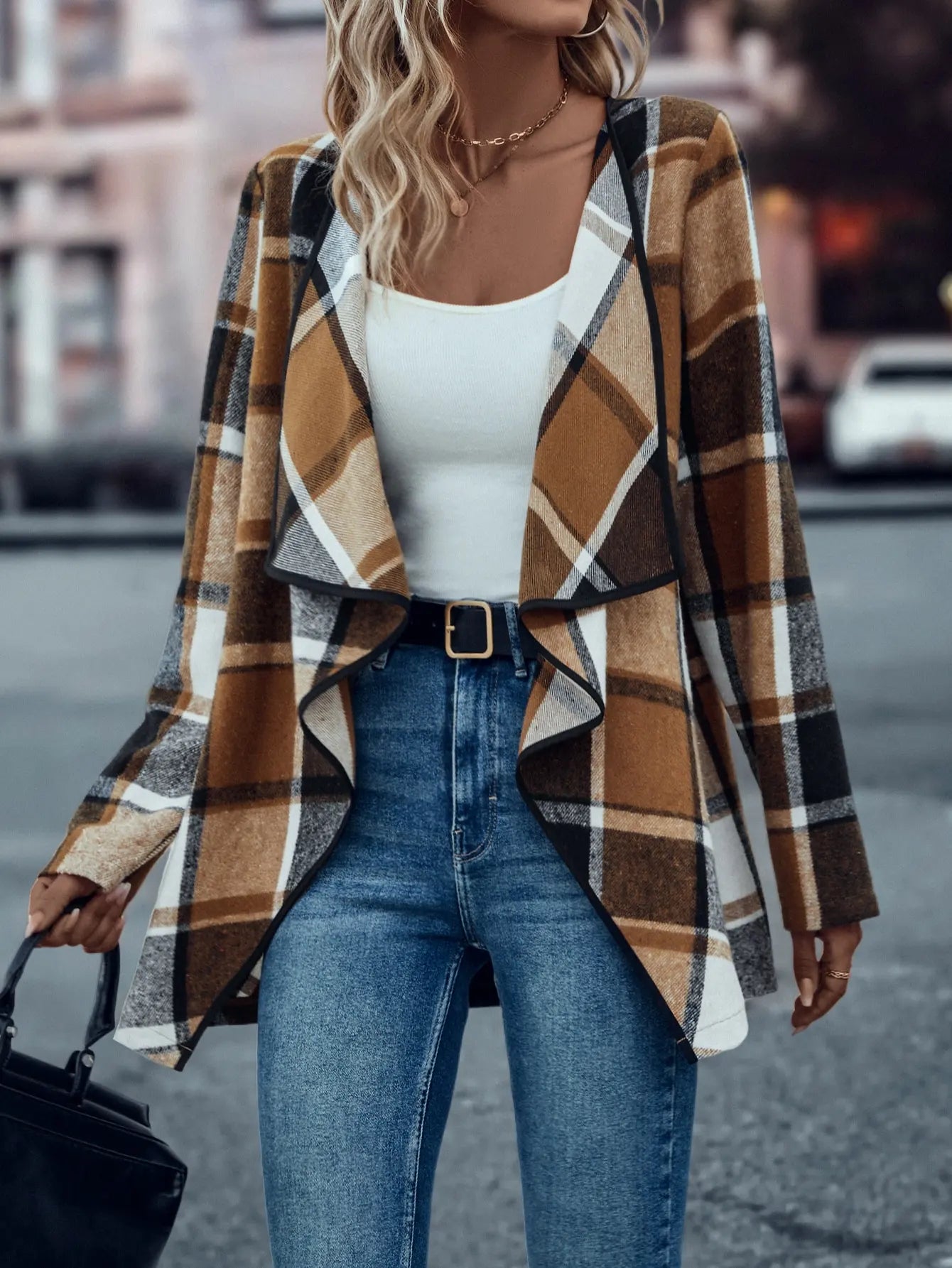 Women Plaid Waterfall Front Cardigan | Emeraude