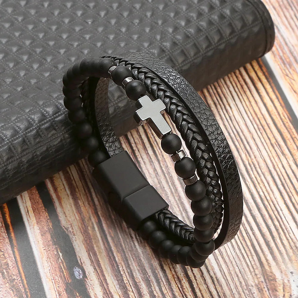 Variant image for Men's Leather Bracelet Black Multilayer | Urban Style-21