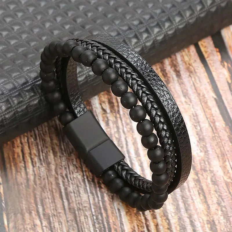 Variant image for Men's Leather Bracelet Black Alloy | Classic Style-19