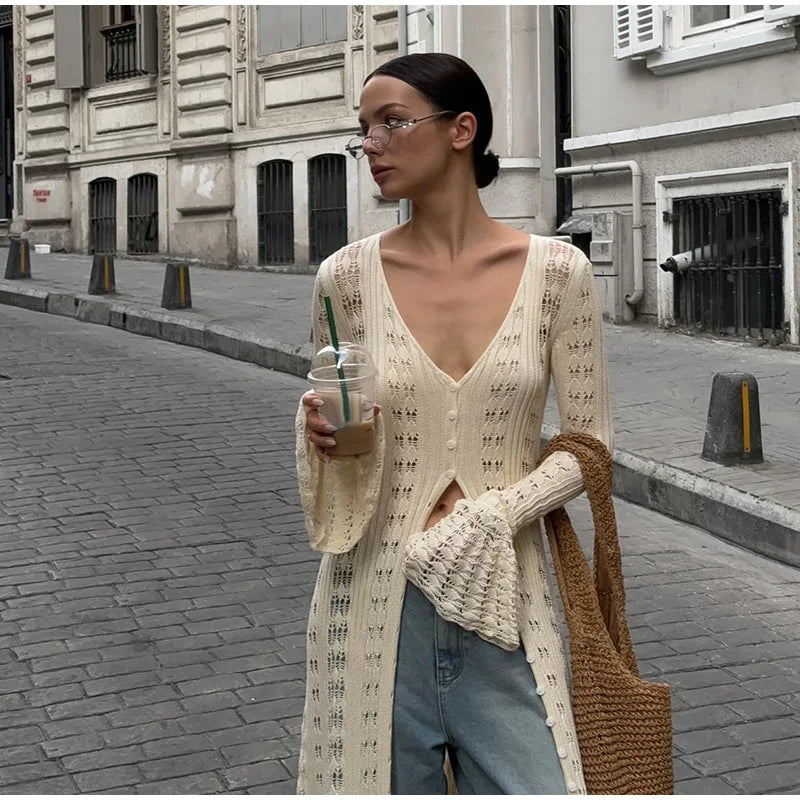 Women Maxi Dress Beige Knitted | Sophia-3