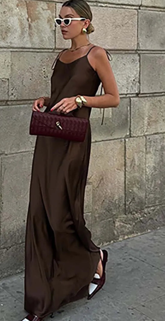 Women Elegant Brown Maxi Dress | Hilda