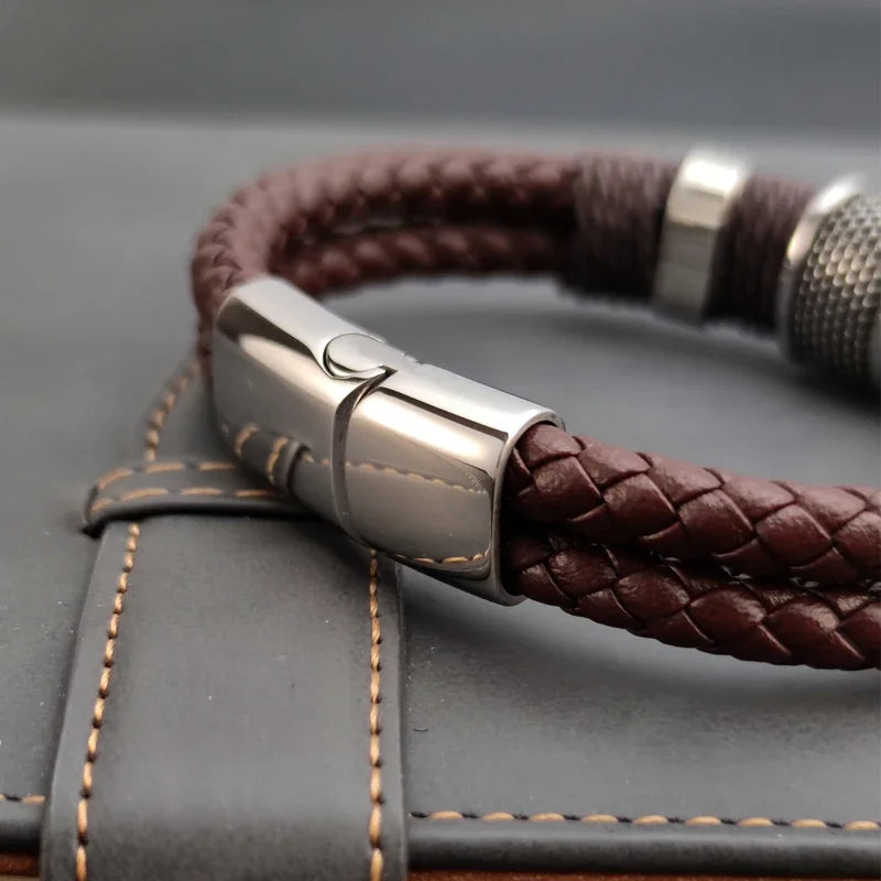 Men's Leather Bracelet Brown Stainless Steel | Classic Elegance-4