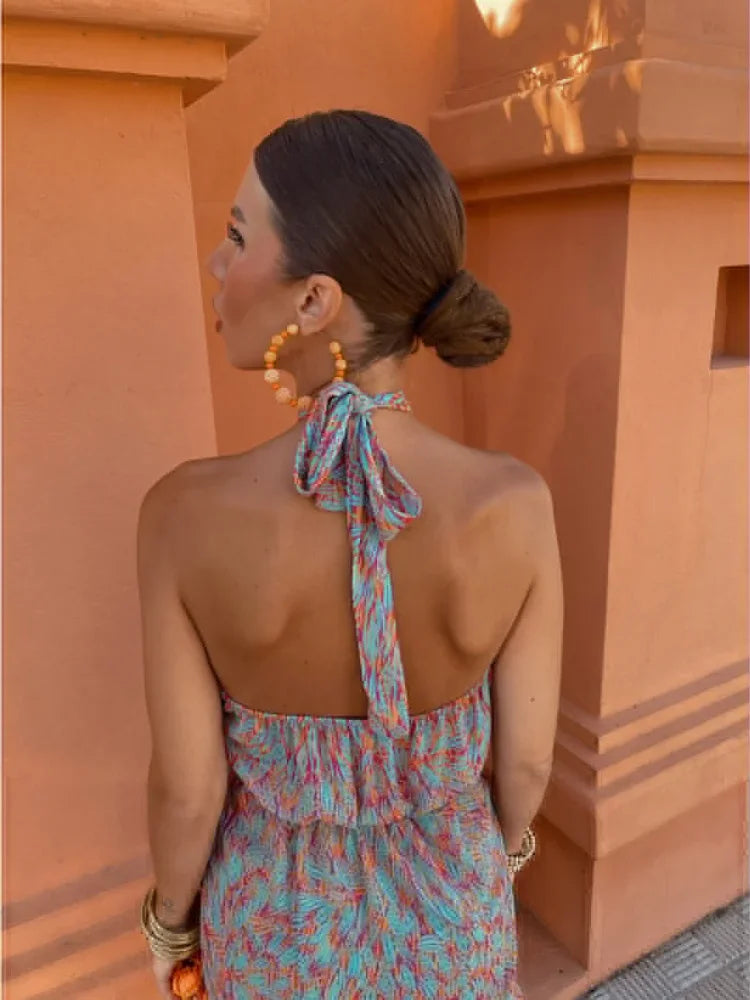Women Halter-Neck Ruched Mini Dress with Ruffle Hem | Amelina