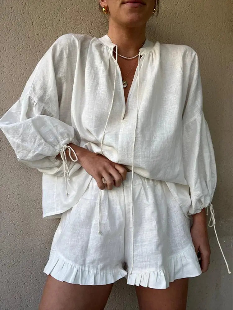 Women Elegant V-Neck Shirt And Ruffle Shorts Set | Zara