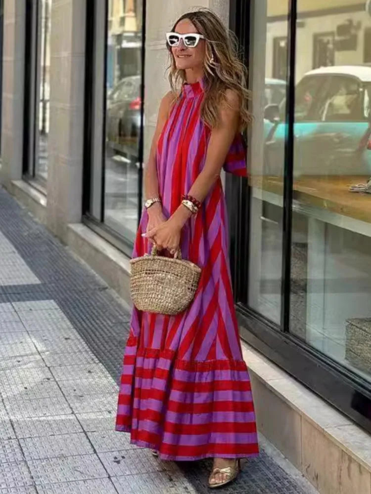 Women Striped Halter Maxi Dress | Melba