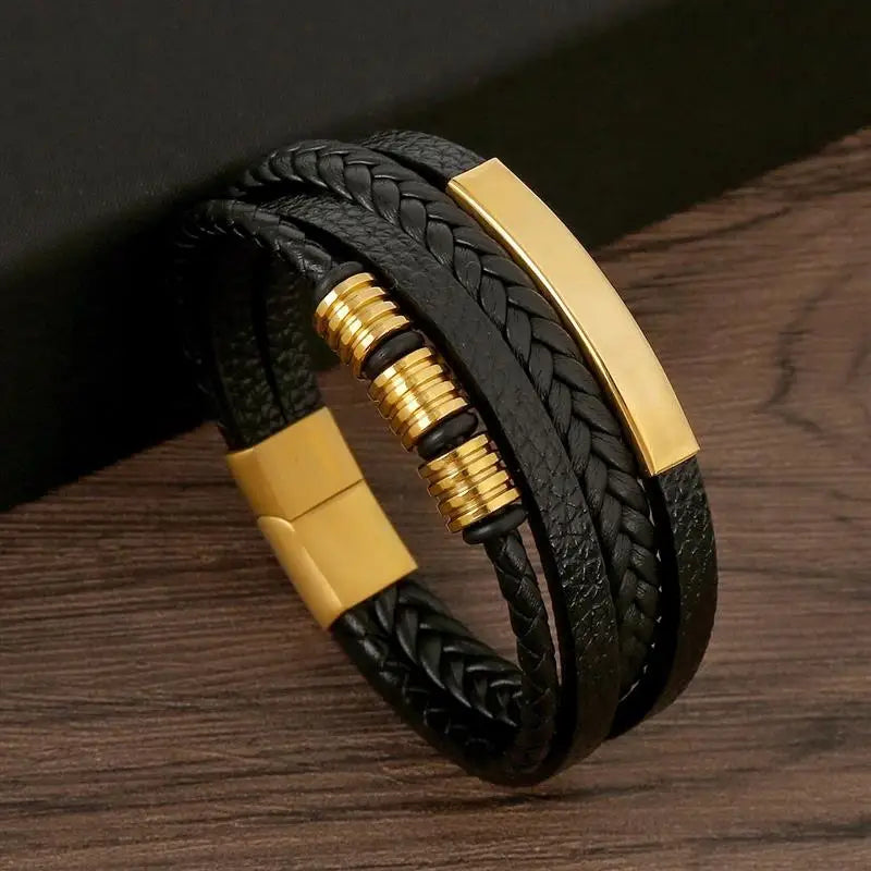 Men's Leather Bracelet Black Alloy | Classic Style-3