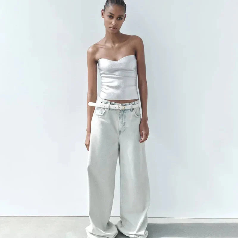 Women Strapless Metallic Tube Top | Alora