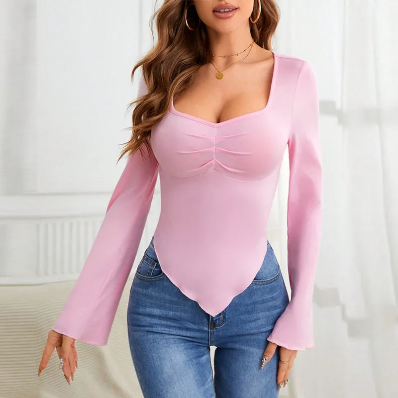 Women Elegant Ruched V-Hem Top | Evora