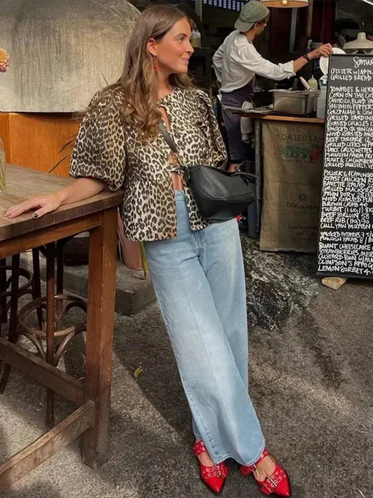 Women Leopard Print Puff Sleeve Top | Chloe