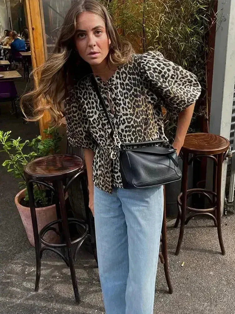 Women Leopard Print Puff Sleeve Top | Chloe