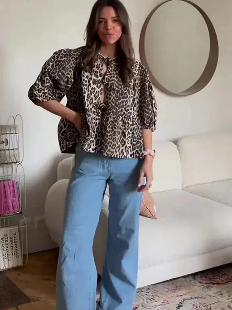 Women Leopard Print Puff Sleeve Top | Chloe