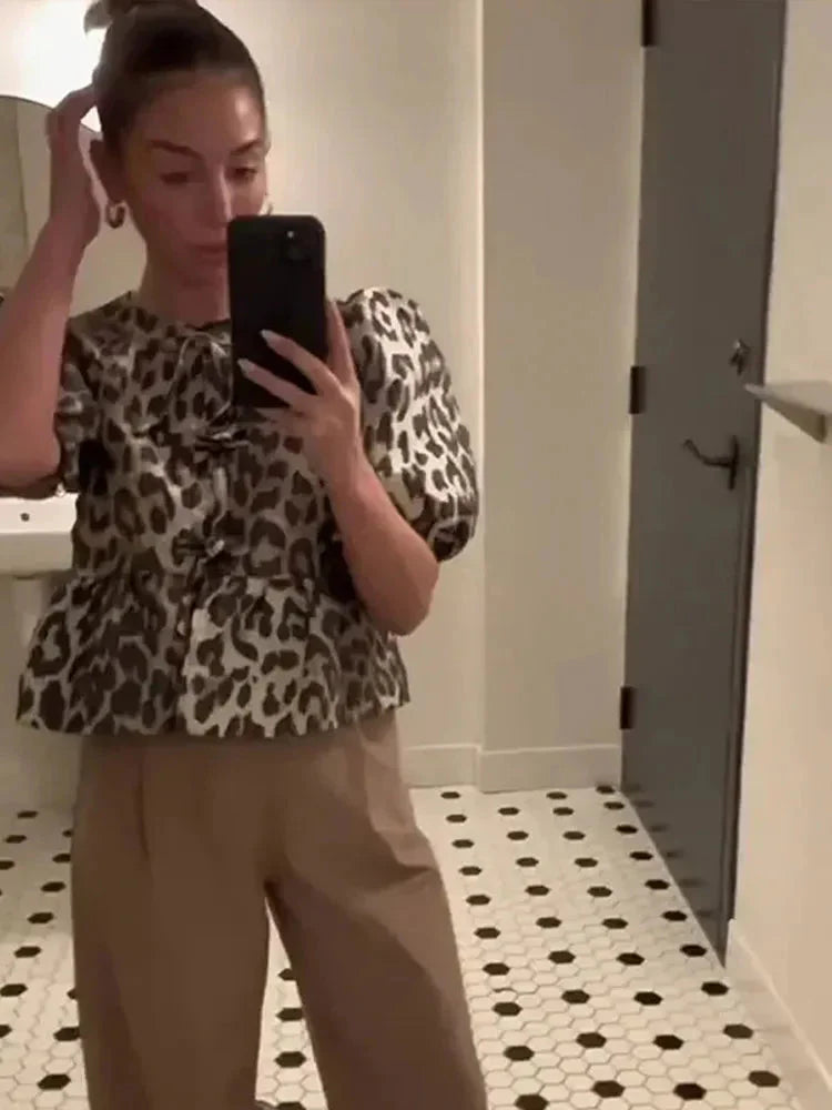 Women Leopard Print Puff Sleeve Top | Chloe