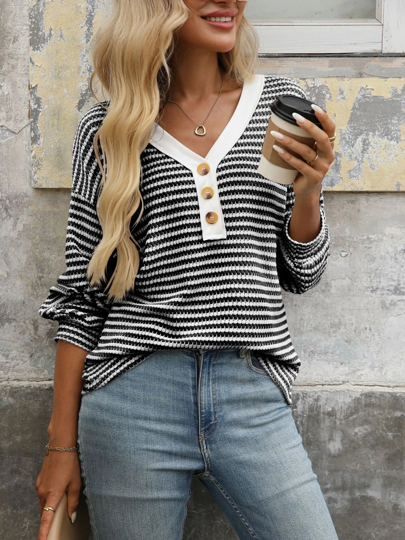 Striped V-Neck Casual Top for Women with Button Front – Slightly Stretchy Fabric, Everyday Wear, Available in Multiple Sizes 8