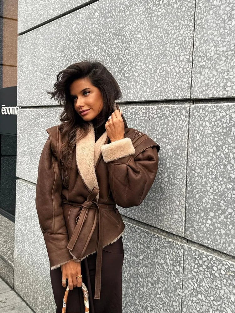 Women Shearling Belted Jacket | Gold