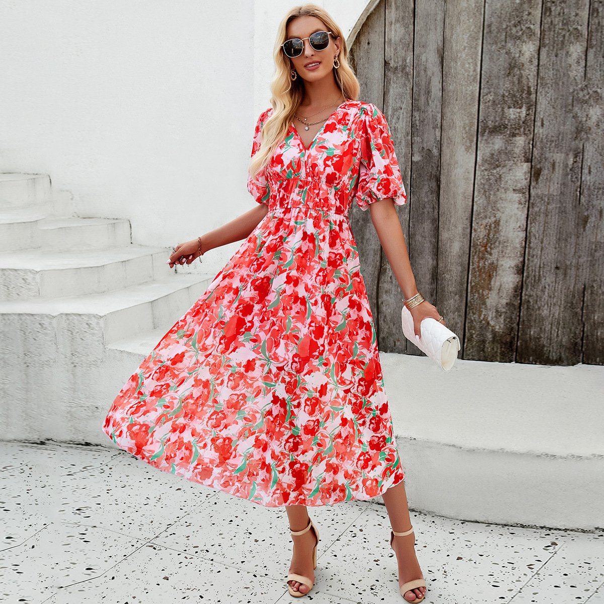 Women Floral V-Neck Midi Dress | Mabel