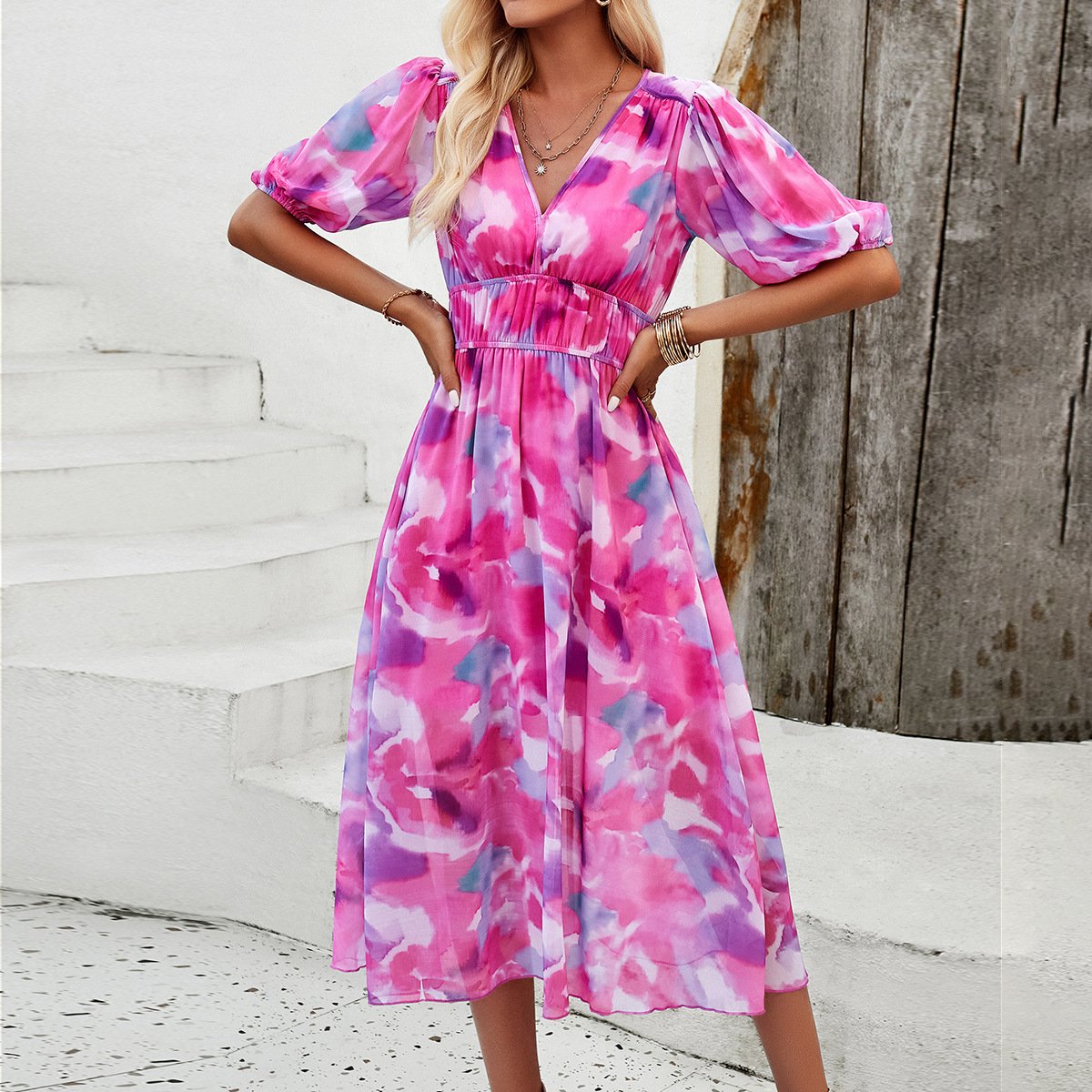 Women Floral V-Neck Midi Dress | Mabel