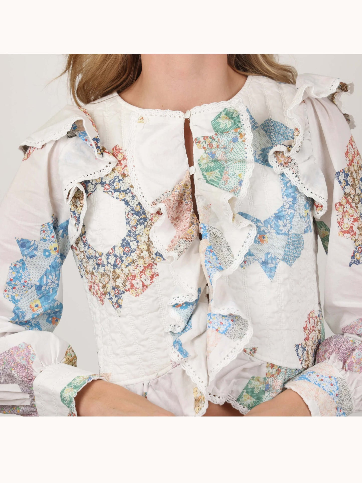 Women Blouse White Cotton Quilted Frill | Vintage Charm-3