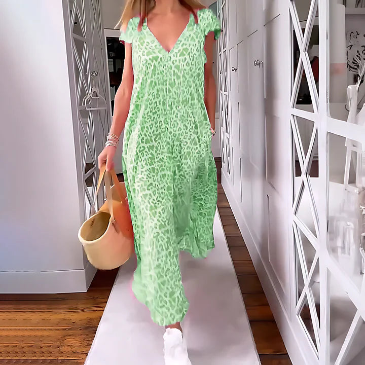 Women Leopard Print V-Neck Maxi Dress with Cap Sleeves | Via