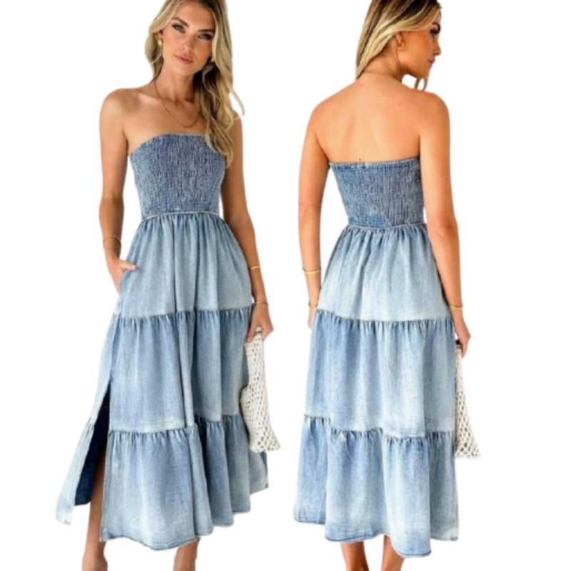 Women Strapless Smocked Midi Dress | Annie