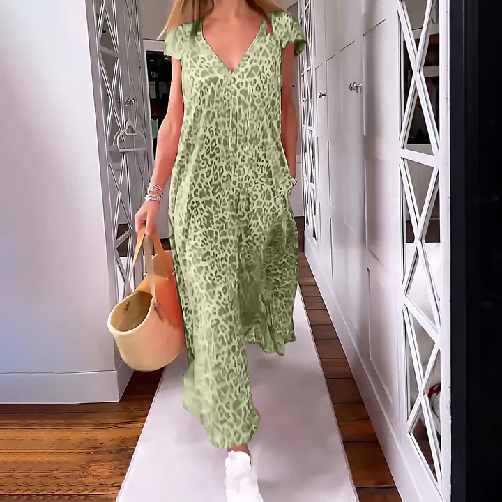 Women Leopard Print V-Neck Maxi Dress with Cap Sleeves | Via