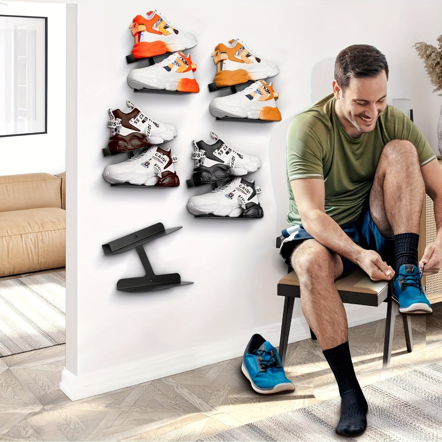 Wall-Mounted Metal Shoe Rack with Adjustable Hooks – Space-Saving Sneaker Organizer for Stylish Display 1
