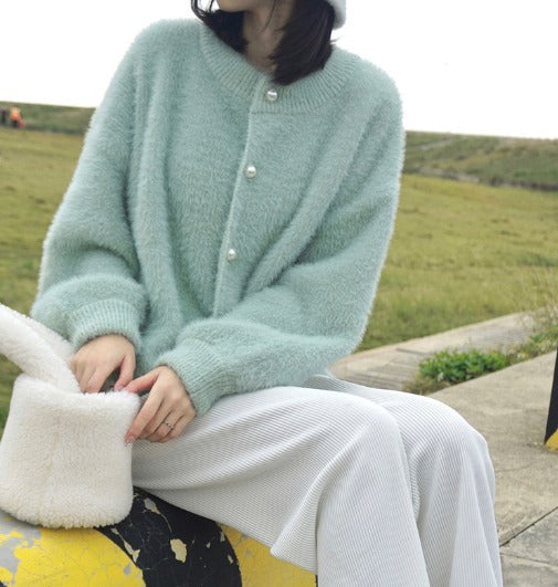 Women Pearl Button Fuzzy Cardigan | Arabella