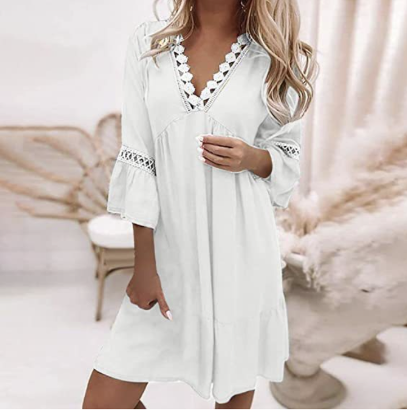 Women Elegant Lace Flare Sleeve Dress with Boho Details | Eve