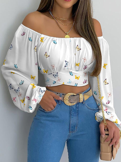 Women Off-Shoulder Long-Sleeve Crop Top | Delilah