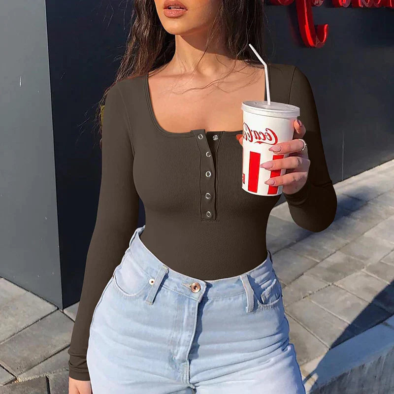 Women Ribbed Long Sleeve Button Bodysuit | Ellina