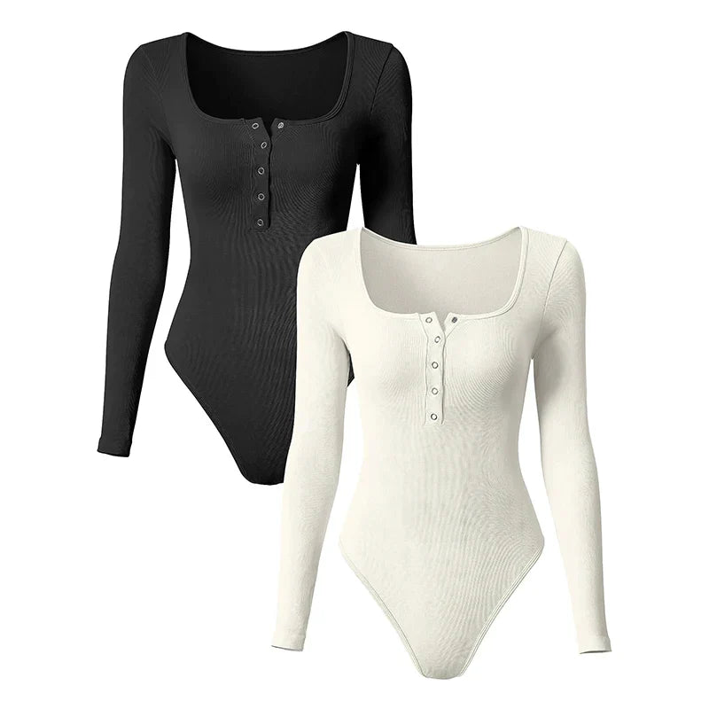 Women Ribbed Long Sleeve Button Bodysuit | Ellina