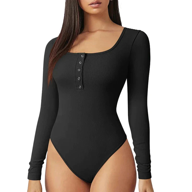 Women Ribbed Long Sleeve Button Bodysuit | Ellina