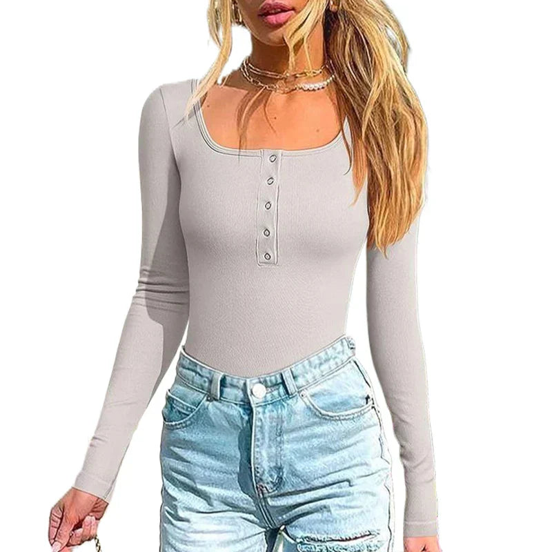 Women Ribbed Long Sleeve Button Bodysuit | Ellina