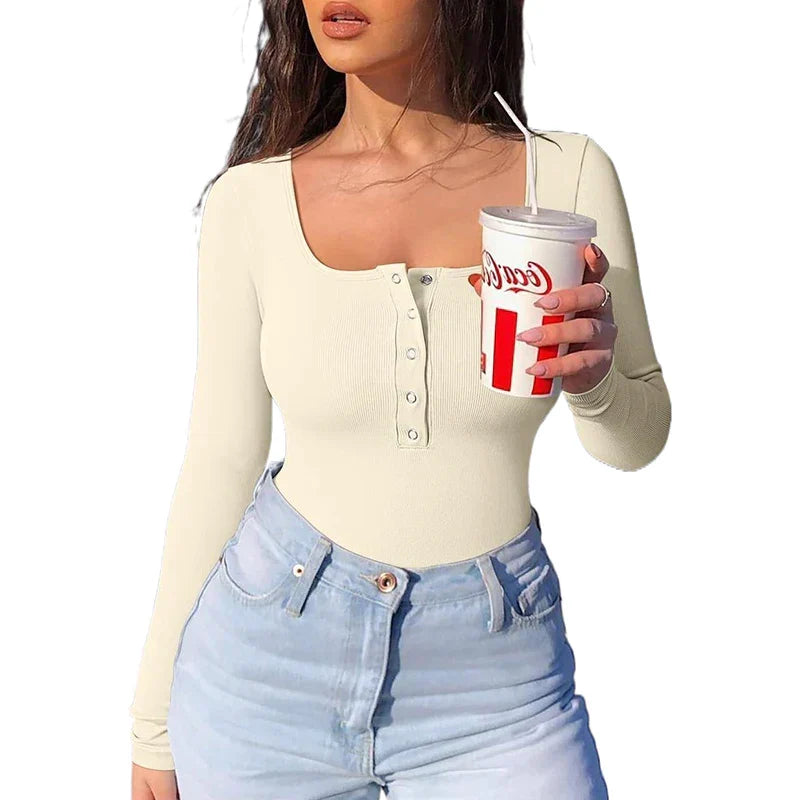 Women Ribbed Long Sleeve Button Bodysuit | Ellina