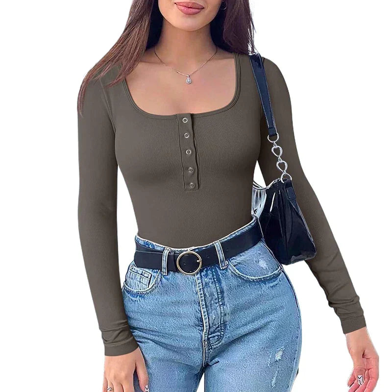 Women Ribbed Long Sleeve Button Bodysuit | Ellina