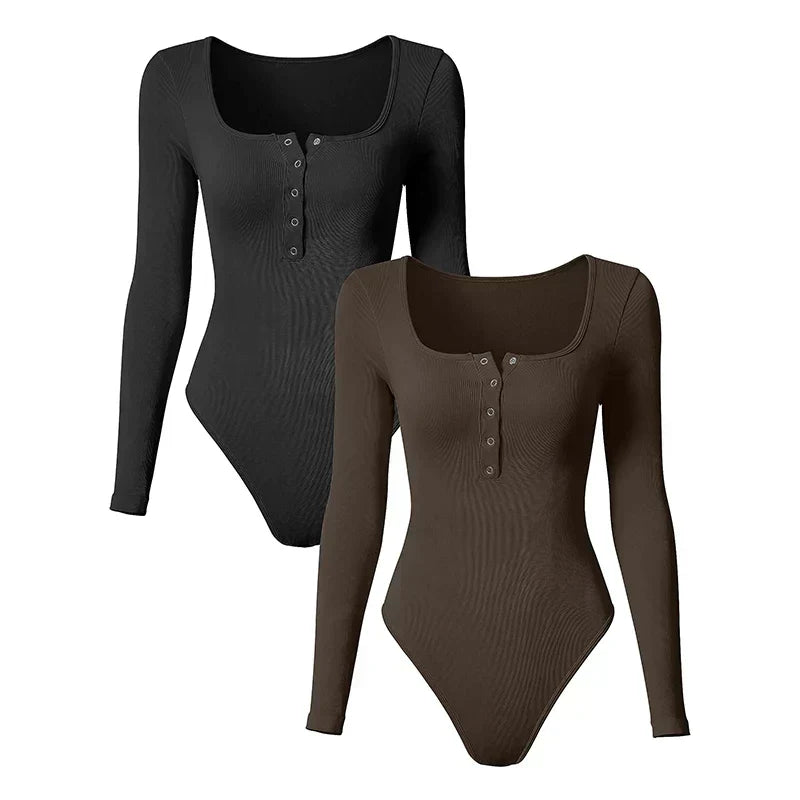 Women Ribbed Long Sleeve Button Bodysuit | Ellina