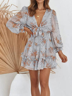 Women V-Neck Floral Mini Dress with Ruffle Hem and Puff Sleeves | Amara