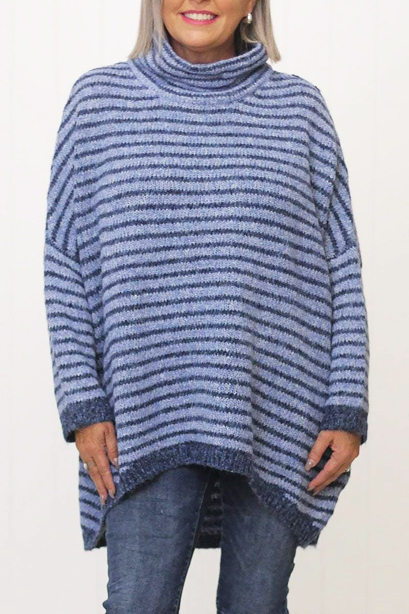 Women Striped Turtleneck Asymmetrical Sweater | Yinthe