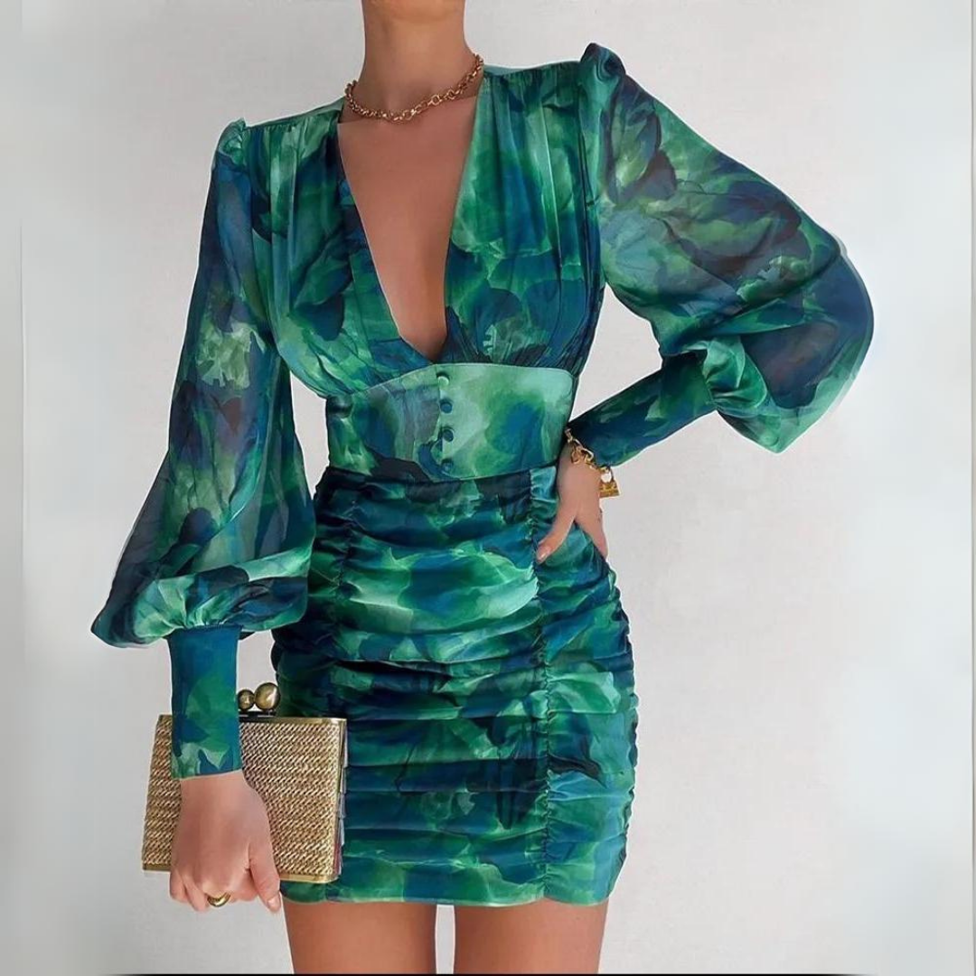 Women Ruched Bodycon Dress with Puff Sleeves | Mia