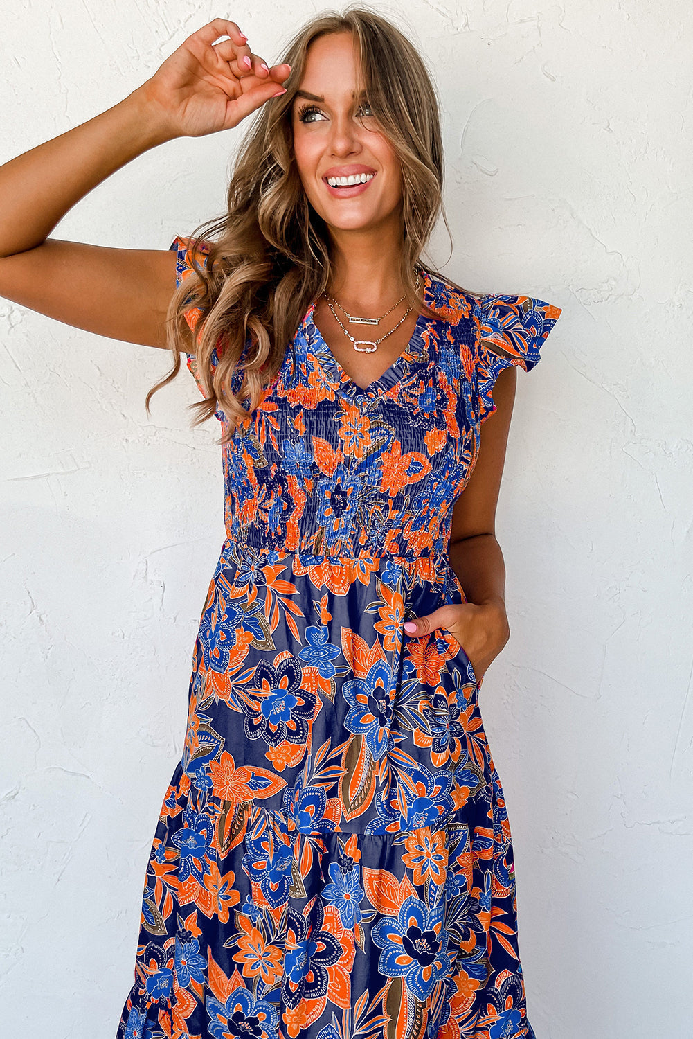 Women Floral Dress with V-neckline and Ruffles | Boho