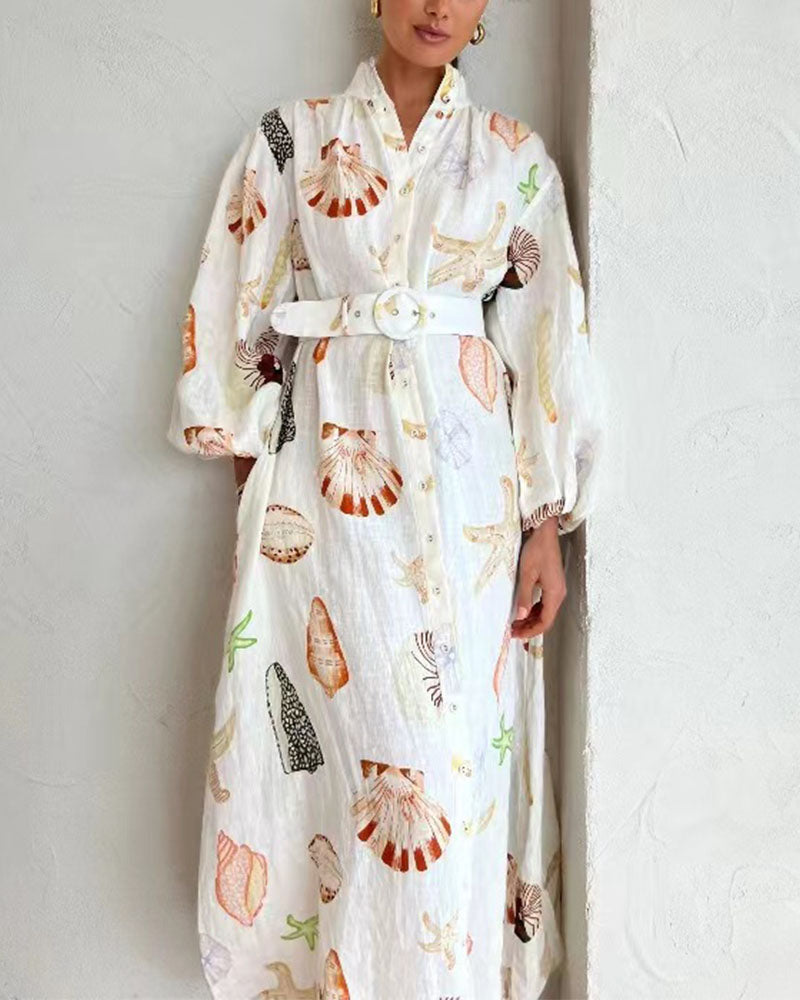 Women Seashell Printed Maxi Shirt Dress | Audrey