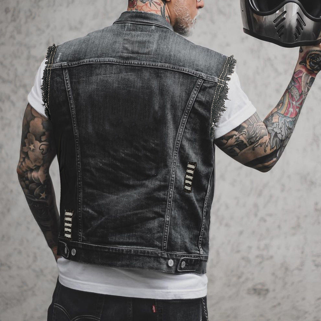 Distressed Denim Biker Vest | Allan
