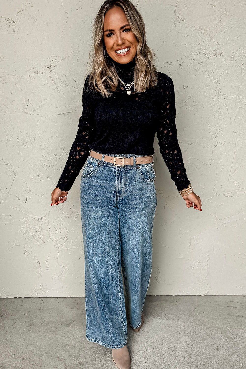 Women Lace Mock Neck Long Sleeve Top | Azanette