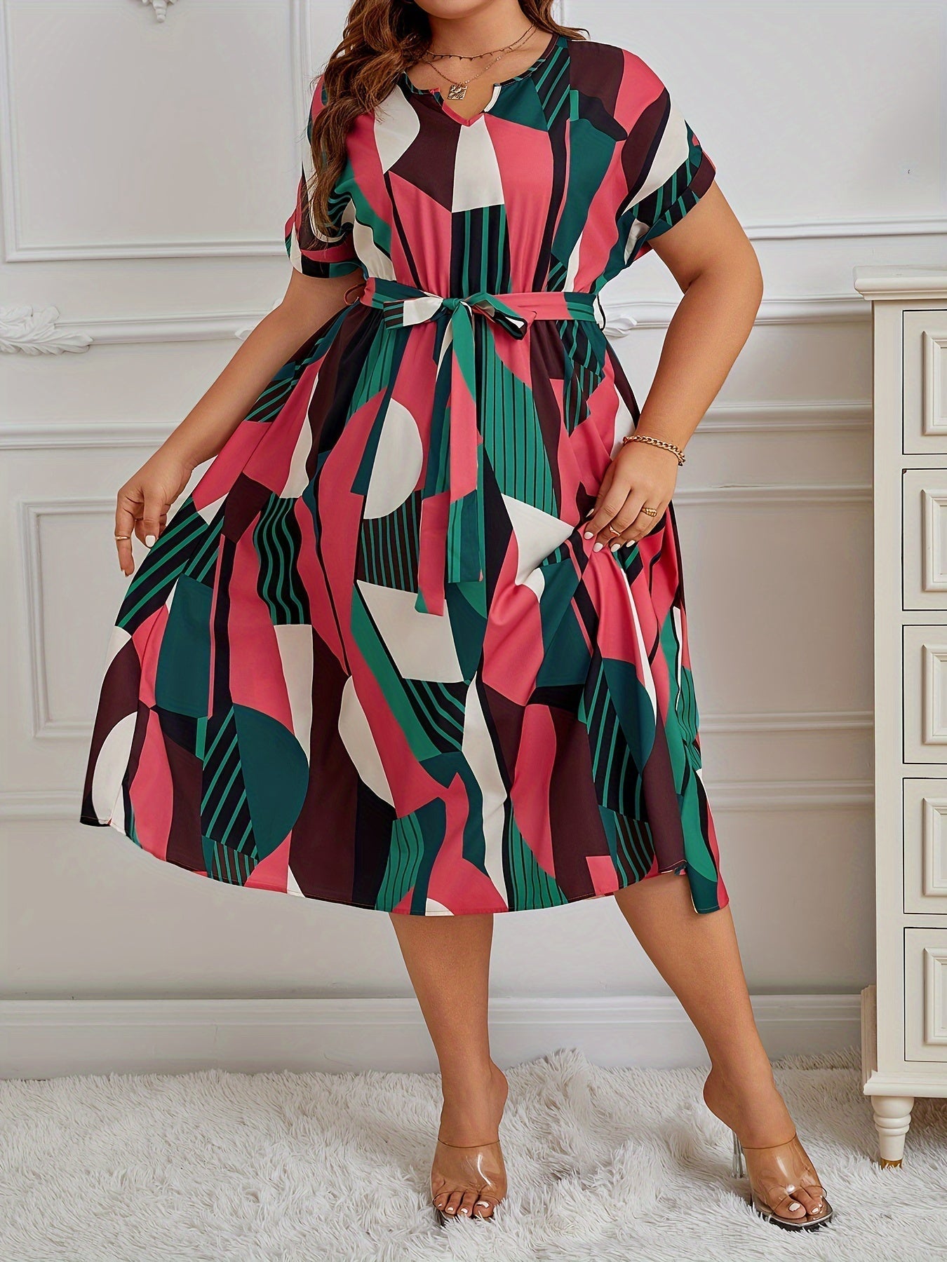 Belted Abstract Midi Dress | Orlena