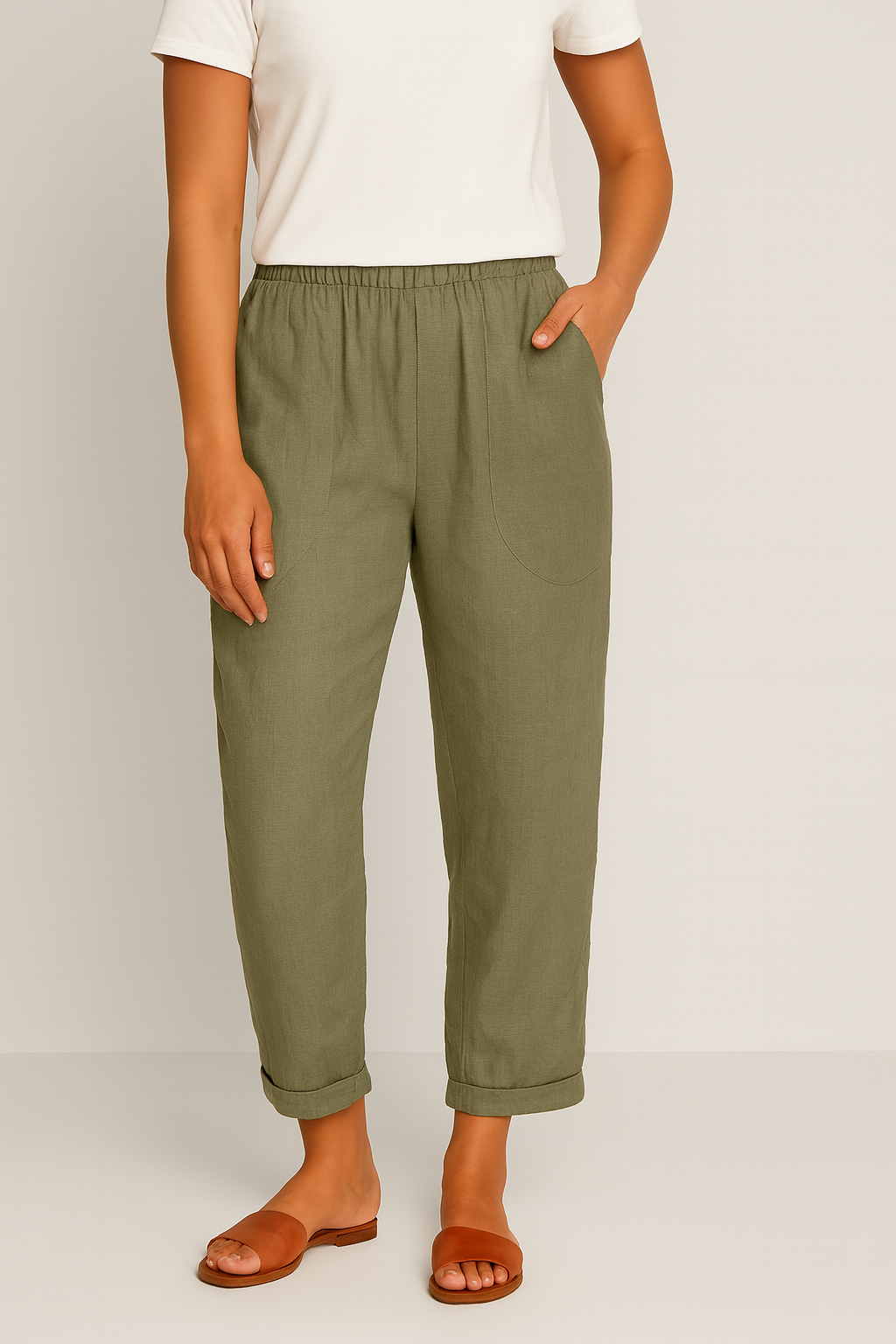 Women Relaxed Cotton Pocket Pants with Rolled Hem | Leiriel