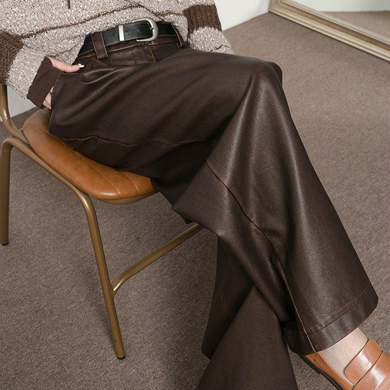 Women Wide Leg Pants Brown PU Leather | Vintage Chic-3